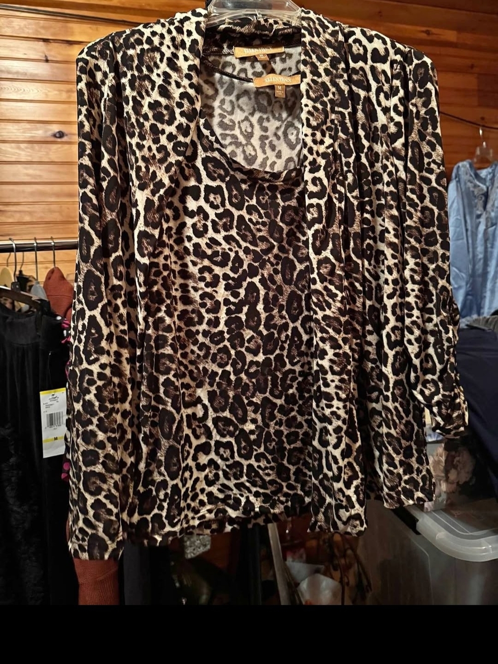 Ellen Tracy Leopard Print Cardigan and Shell Set in Brown and Black